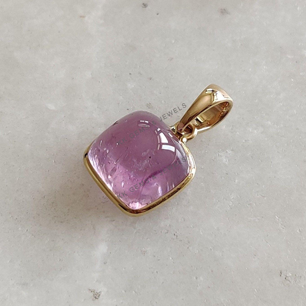 Natural Kunzite Pendant: 14K Solid Yellow Gold Square Bezel Pendant, February Birthstone