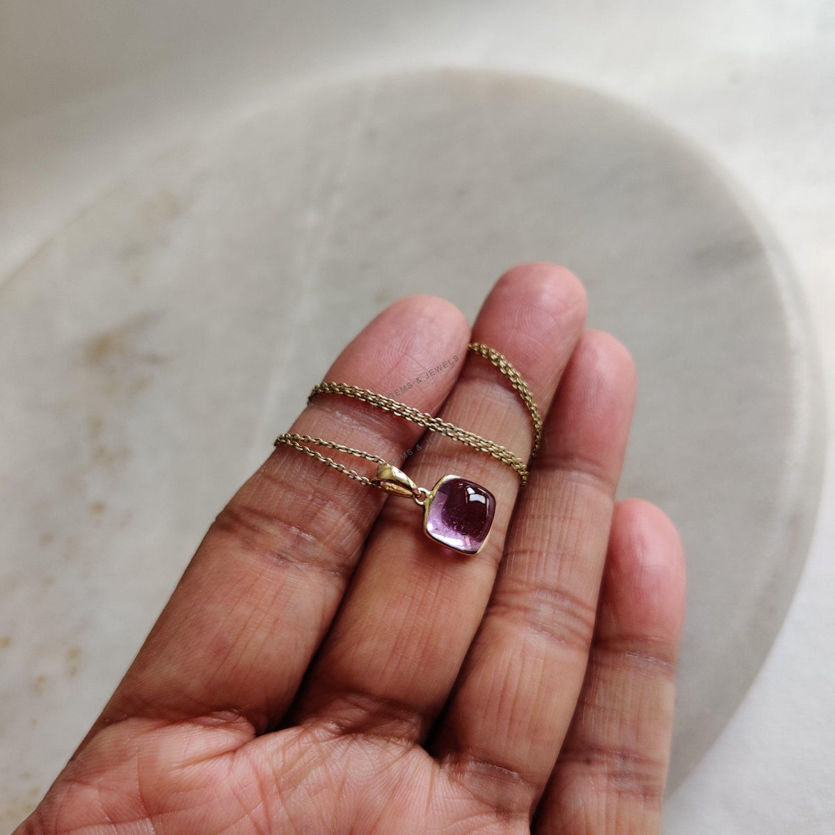 Natural Kunzite Pendant: 14K Solid Yellow Gold Square Bezel Pendant, February Birthstone