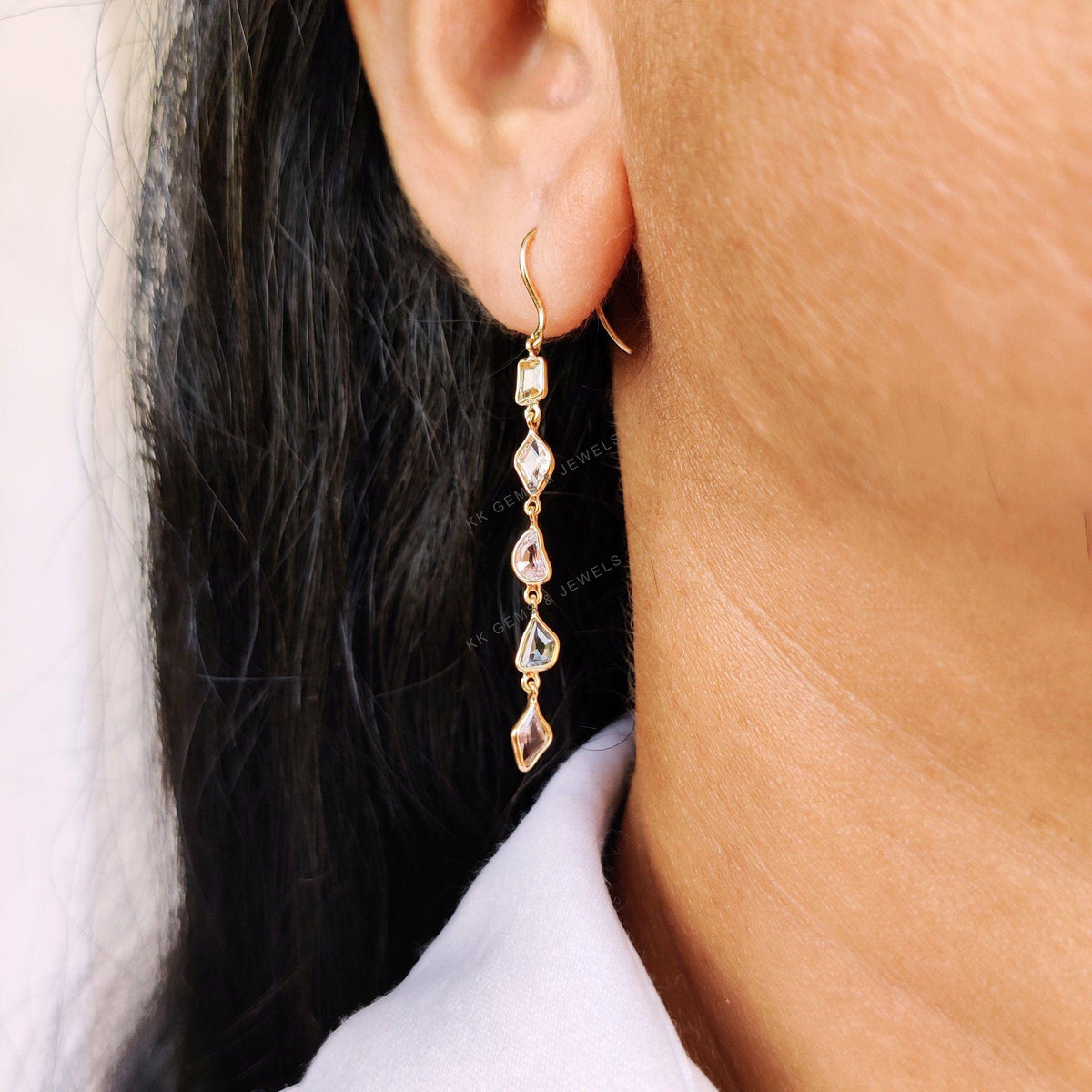 14K Solid Gold Natural Multi Sapphire Dangle Earrings, September Birthstone