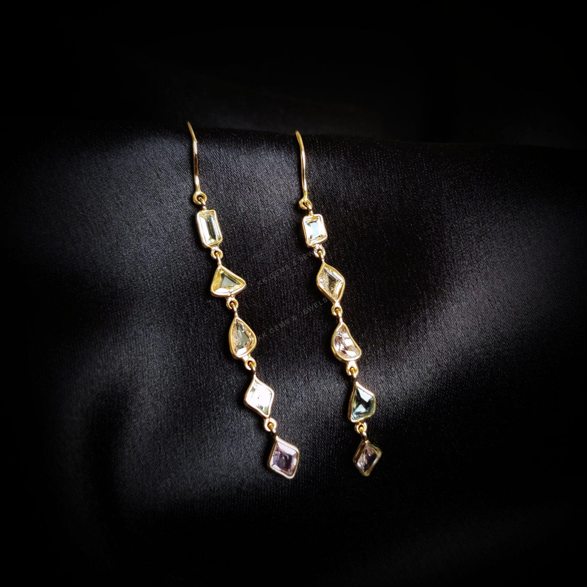 14K Solid Gold Natural Multi Sapphire Dangle Earrings, September Birthstone