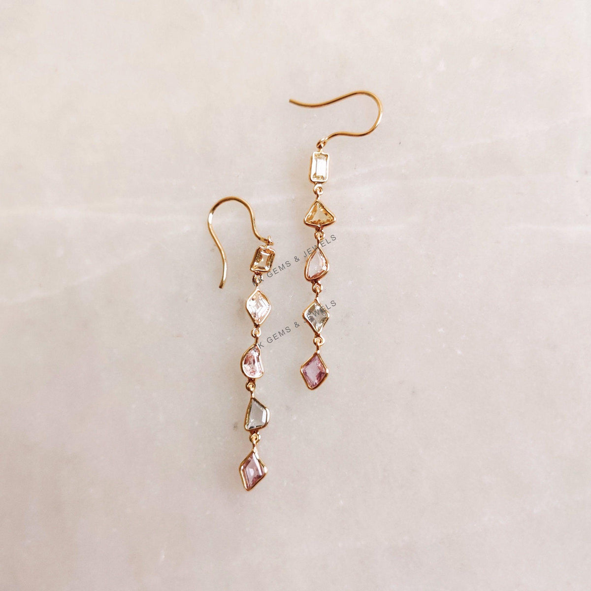 14K Solid Gold Natural Multi Sapphire Dangle Earrings, September Birthstone
