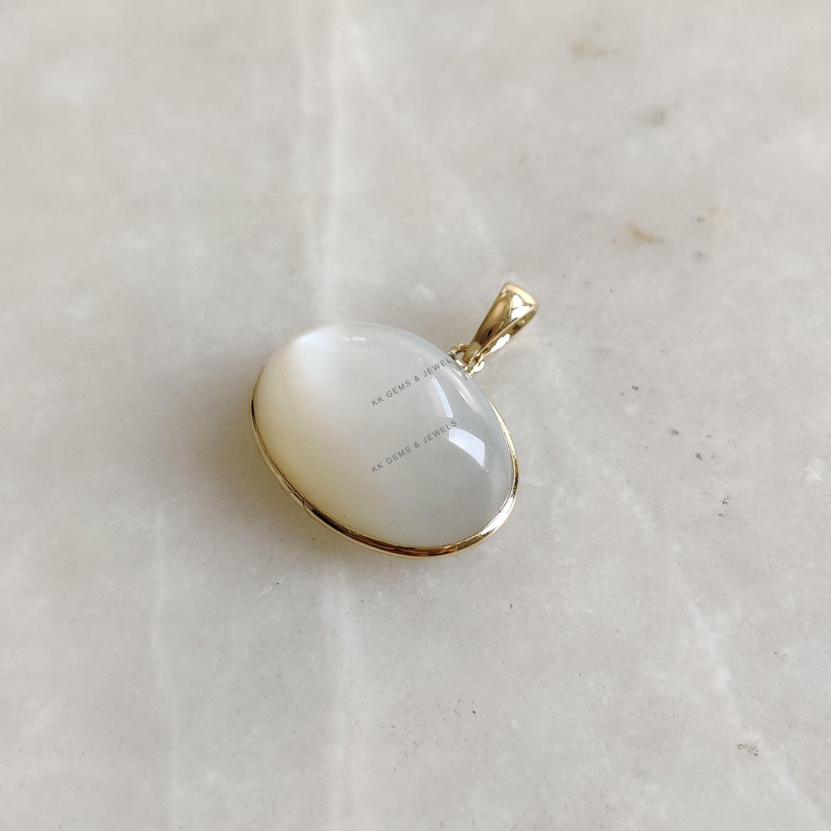 14K Solid Yellow Gold Natural White Moonstone Bezel Pendant, June Birthstone