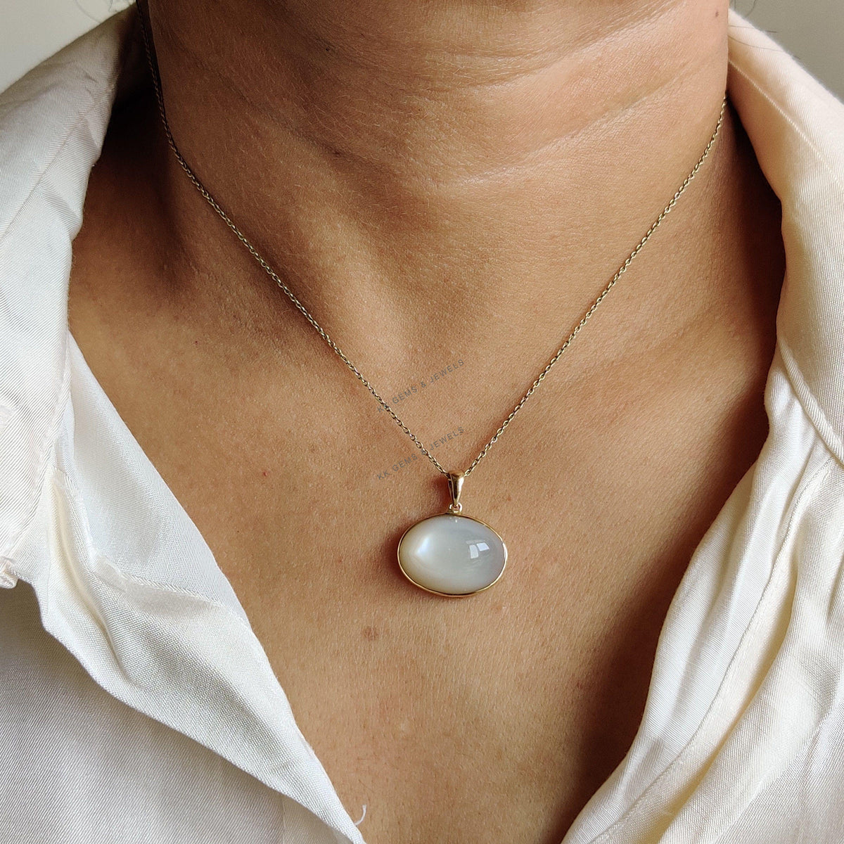 14K Solid Yellow Gold Natural White Moonstone Bezel Pendant, June Birthstone