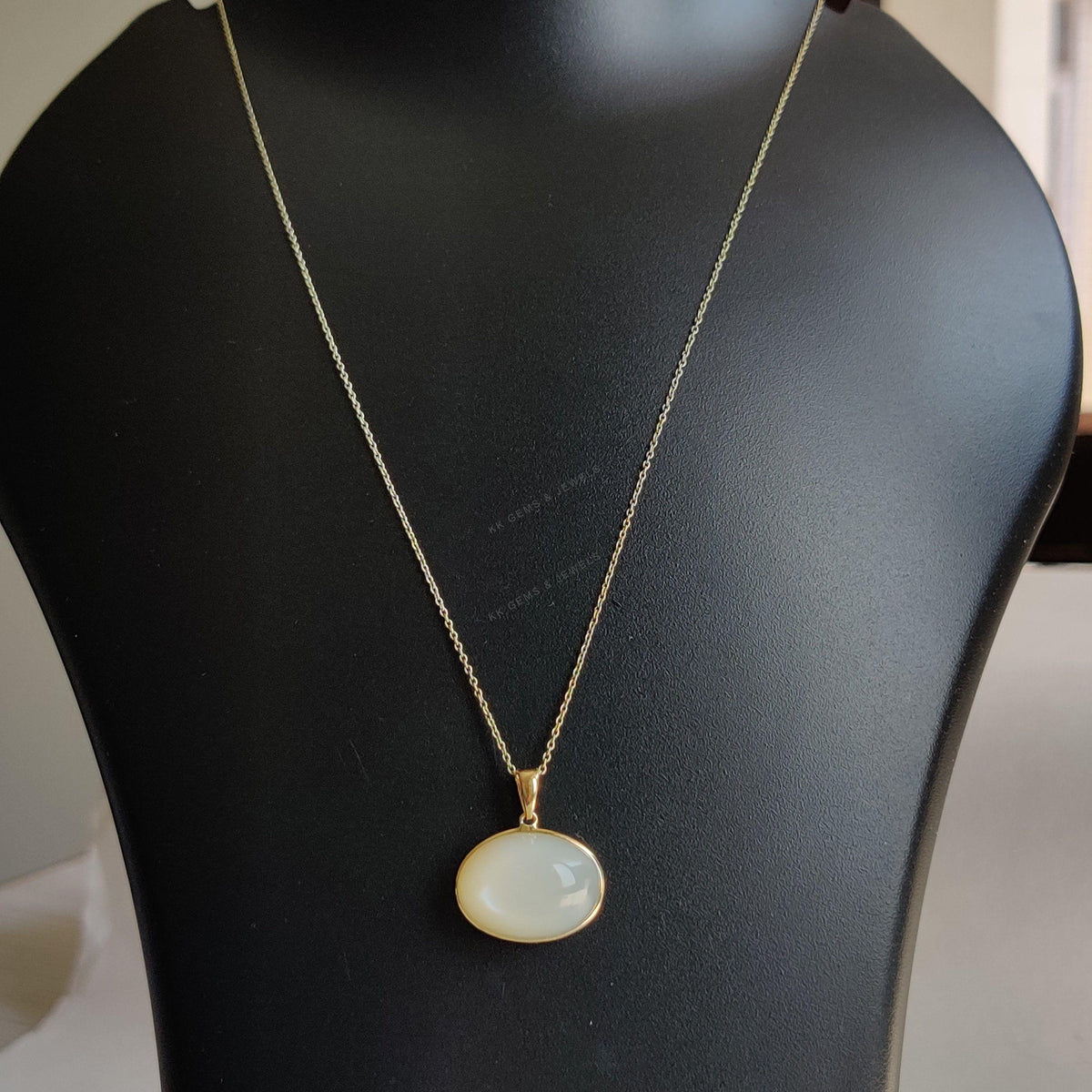 14K Solid Yellow Gold Natural White Moonstone Bezel Pendant, June Birthstone