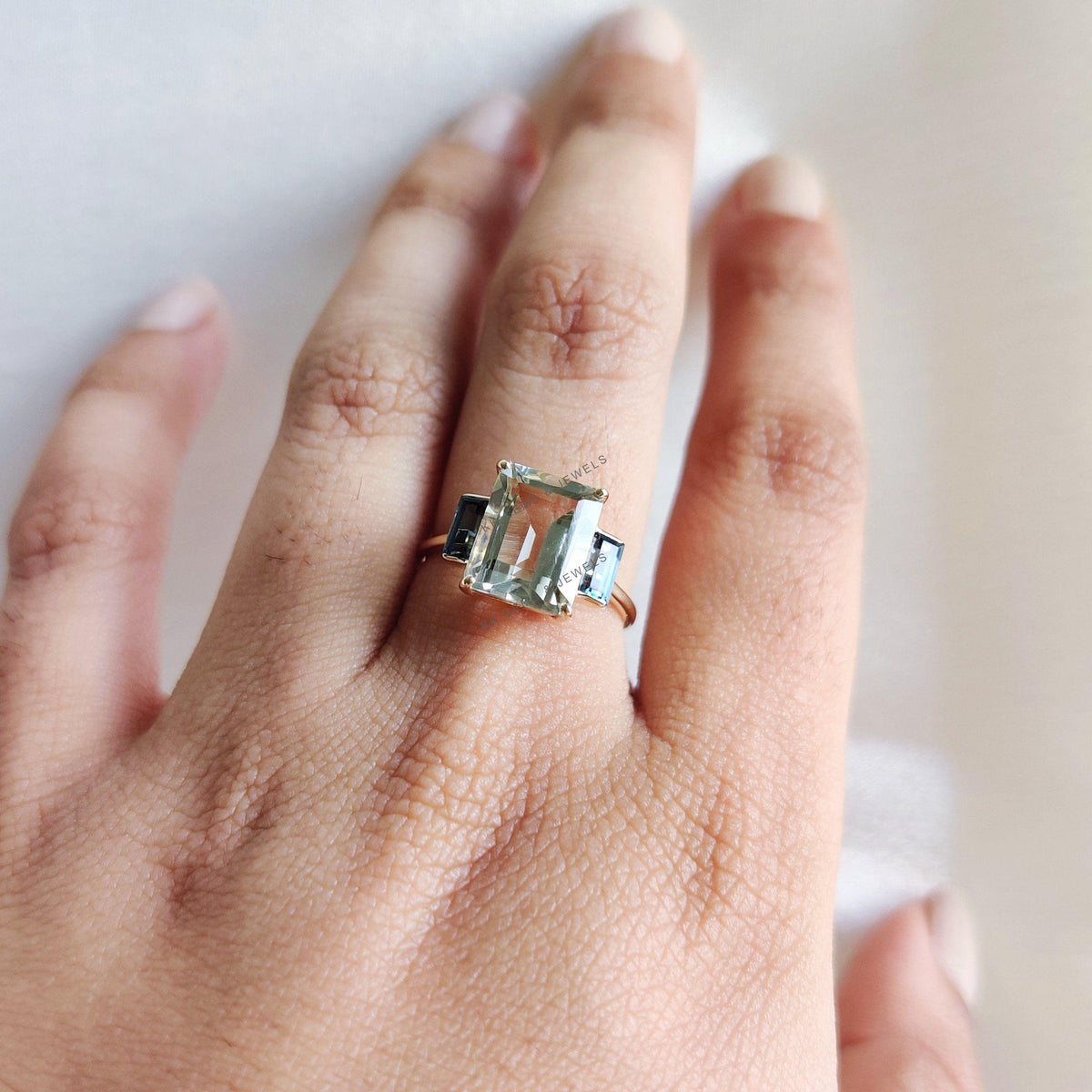 Natural Green Amethyst & London Blue Topaz Ring, 14K Solid Yellow Gold Statement Ring
