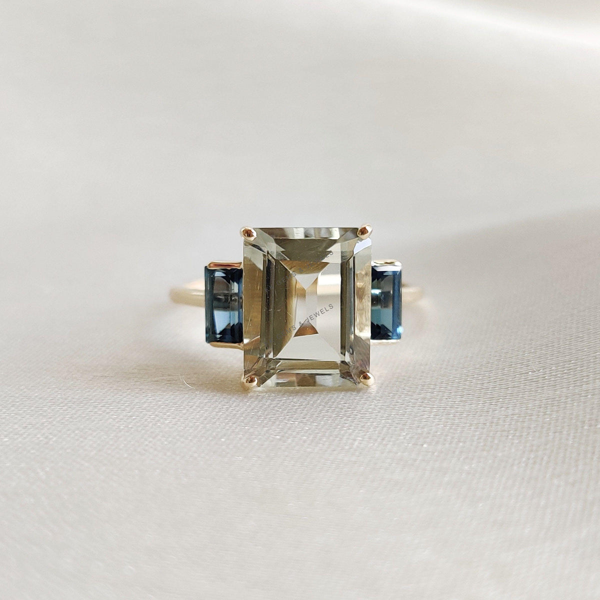 Natural Green Amethyst & London Blue Topaz Ring, 14K Solid Yellow Gold Statement Ring