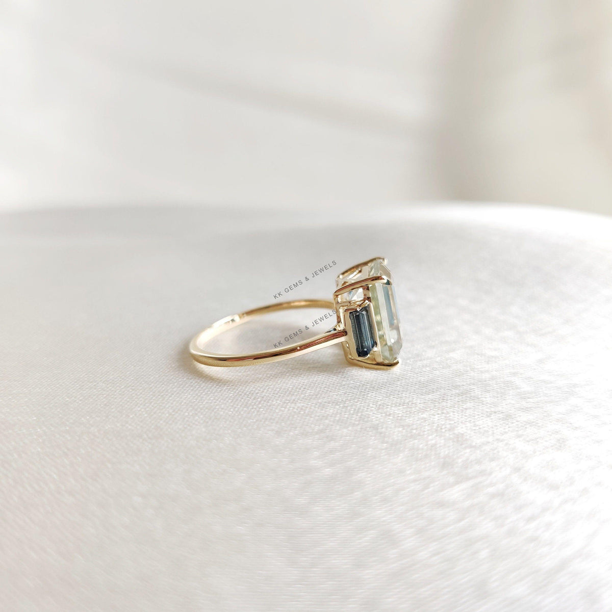 Natural Green Amethyst & London Blue Topaz Ring, 14K Solid Yellow Gold Statement Ring