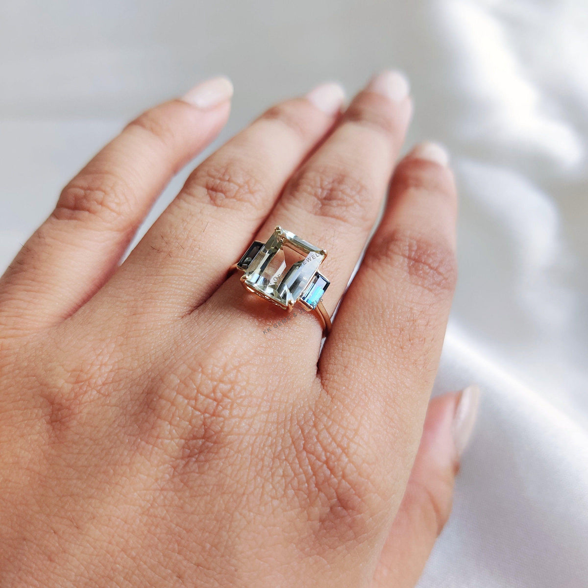 Natural Green Amethyst & London Blue Topaz Ring, 14K Solid Yellow Gold Statement Ring