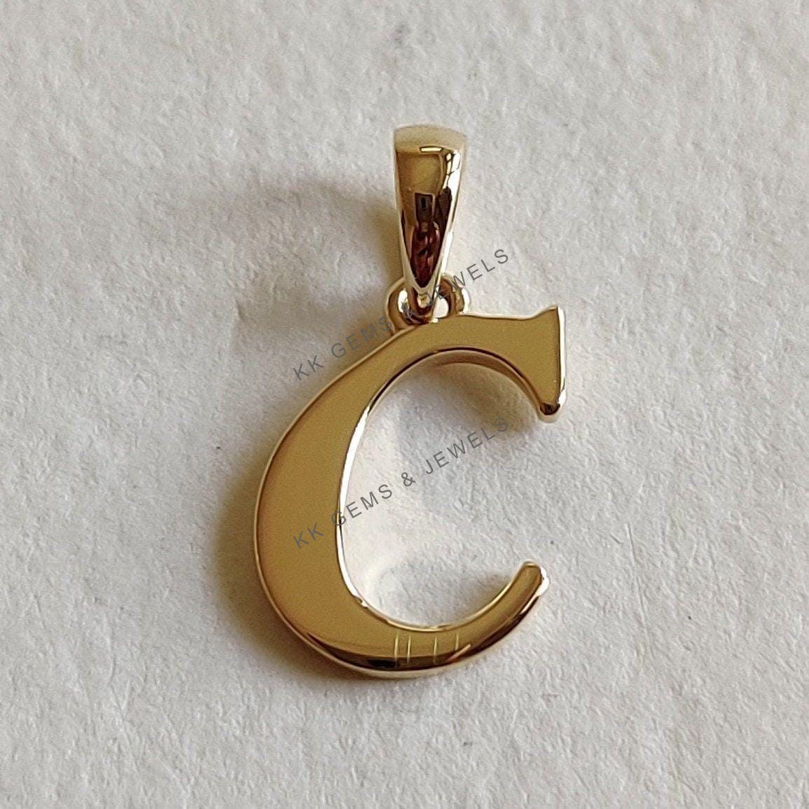 14K Solid Gold Initial C Pendant, Letter Charm