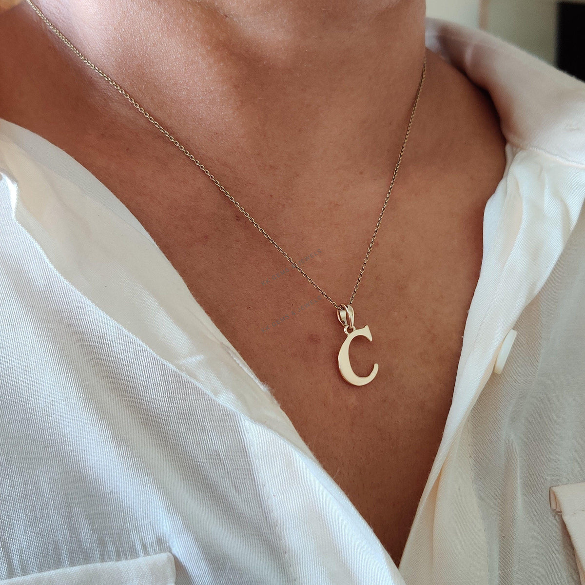 14K Solid Gold Initial C Pendant, Letter Charm