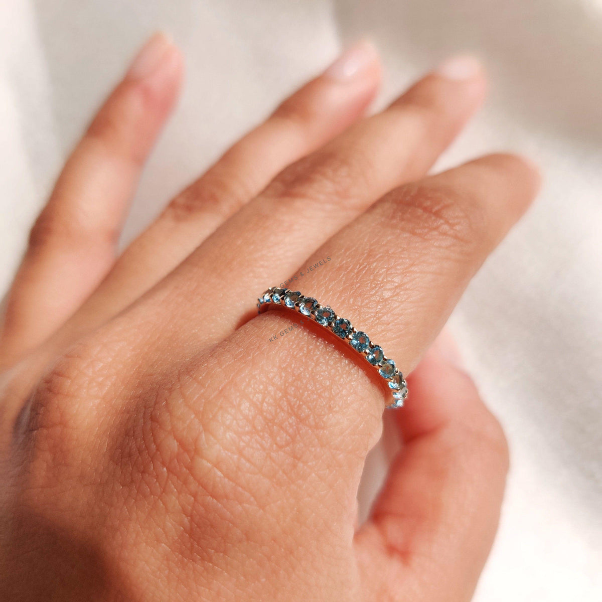 Natural Sky Blue Topaz Eternity Ring, 14K Solid Yellow Gold Infinity Band