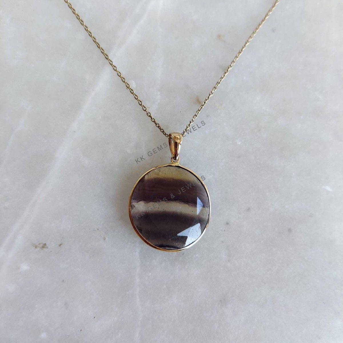 14K Solid Gold Round Natural Fluorite Pendant, March Birthstone Jewelry