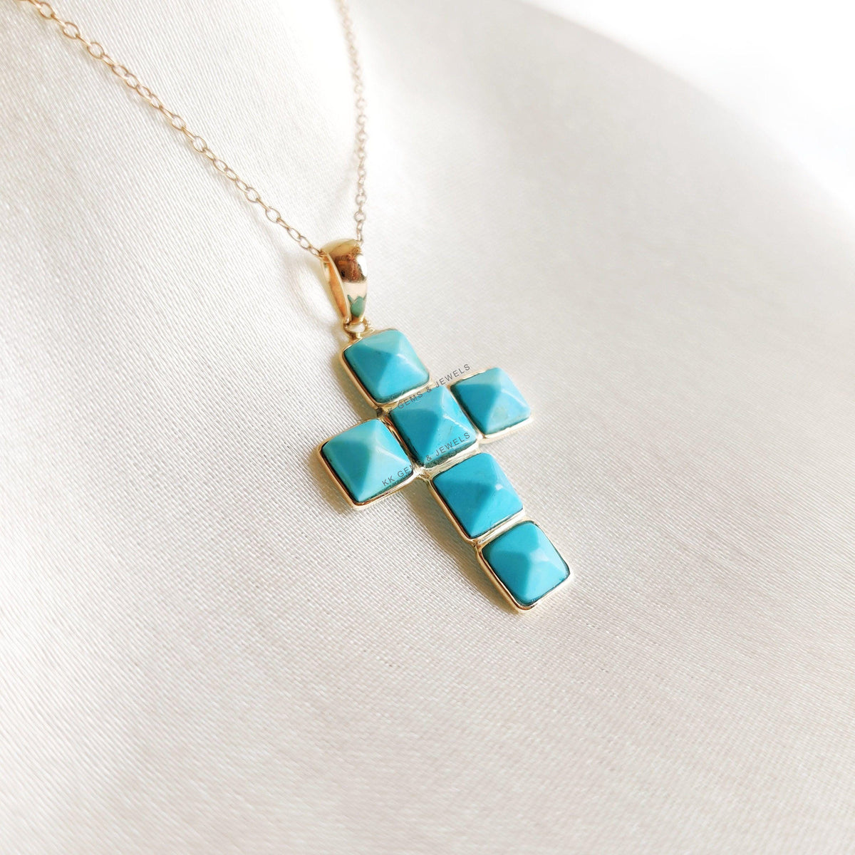 14K Solid Gold Natural Arizona Turquoise Cross Pendant, December Birthstone Christmas Gift