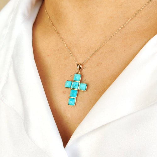 14K Solid Gold Natural Arizona Turquoise Cross Pendant, December Birthstone Christmas Gift