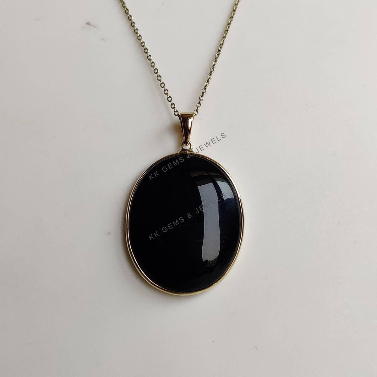 14K Solid Yellow Gold Natural Black Onyx Pendant, December Birthstone, Bezel Pendant, Christmas Present