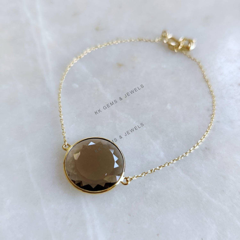 14K Solid Yellow Gold Natural Smoky Quartz Bracelet, Gemstone Chain