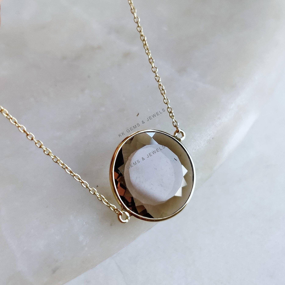 14K Solid Yellow Gold Natural Smoky Quartz Bracelet, Gemstone Chain