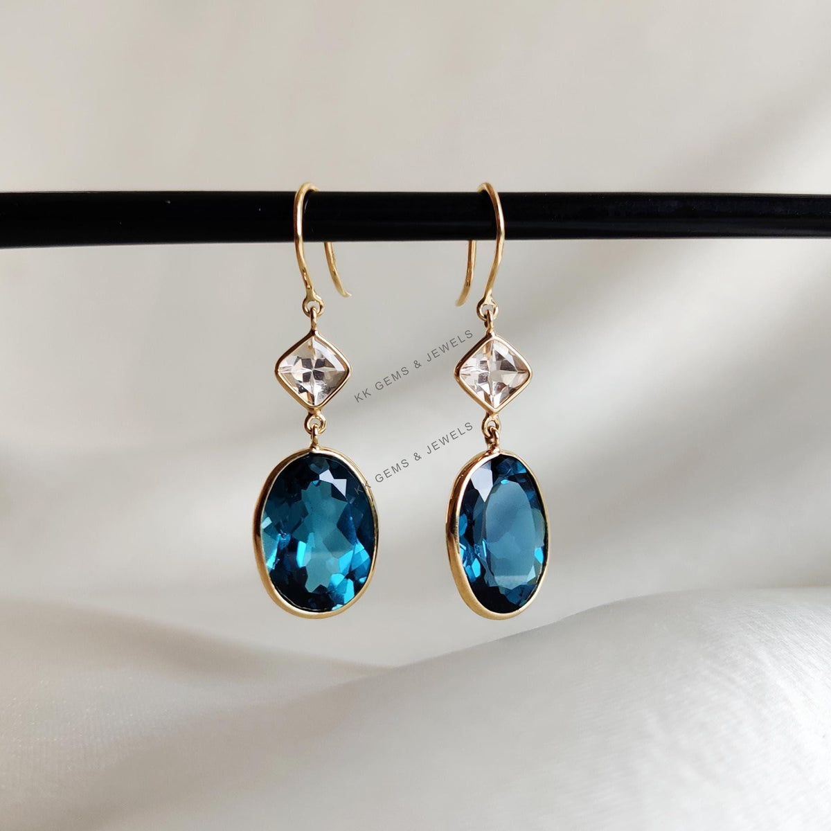 Natural London Blue Topaz & Morganite Earrings, 14K Solid Yellow Gold Bezel Dangle