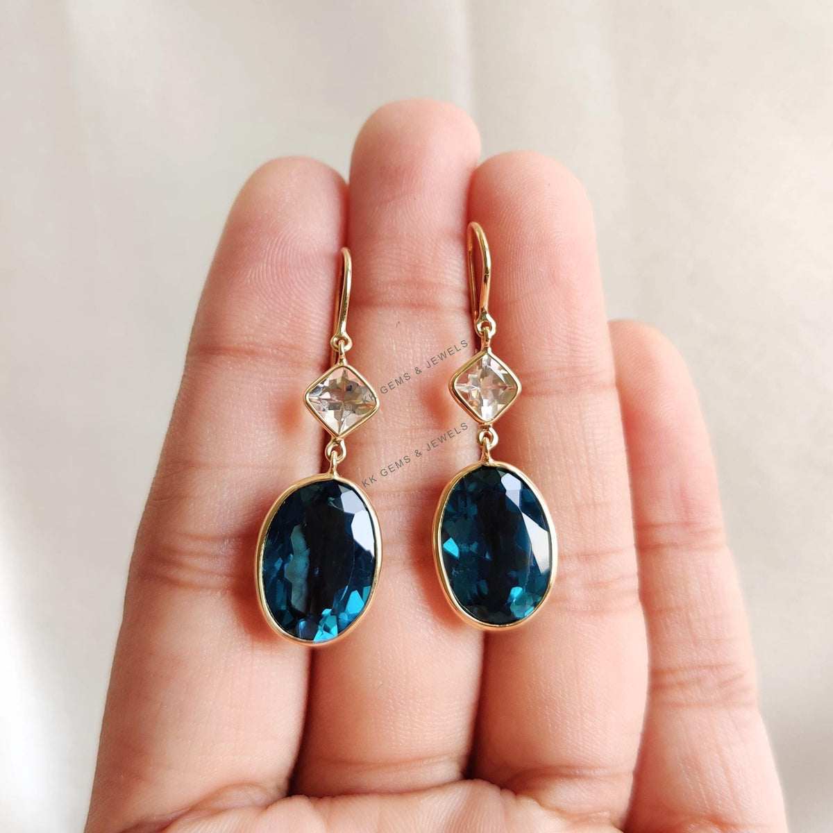 Natural London Blue Topaz & Morganite Earrings, 14K Solid Yellow Gold Bezel Dangle