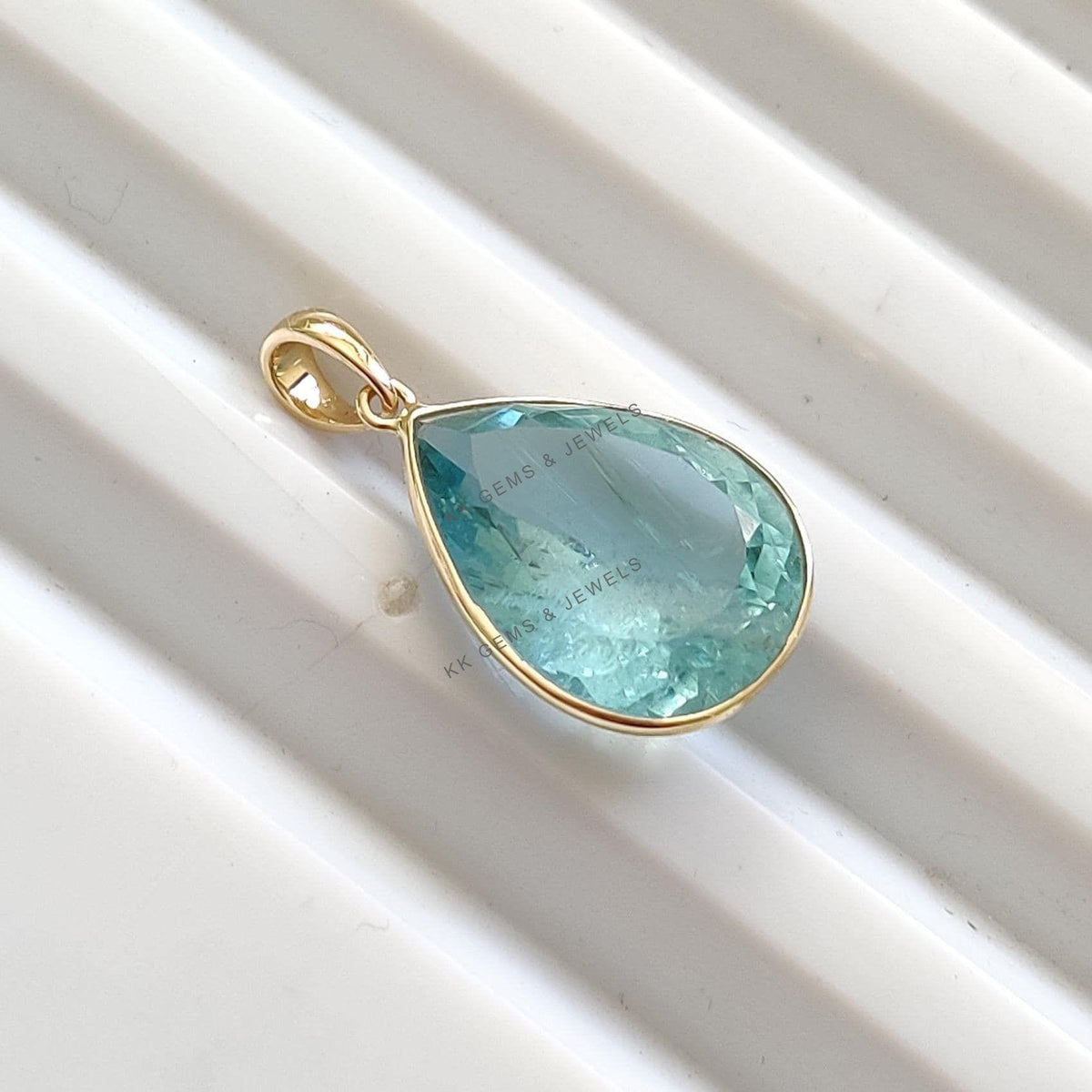 14K Solid Yellow Gold Natural Aquamarine Pendant, Pear Cut, March Birthstone