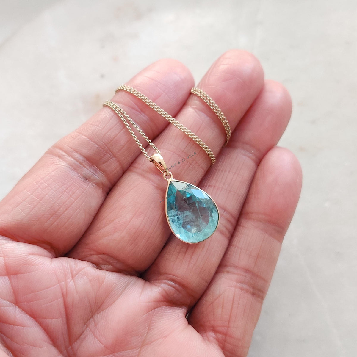 14K Solid Yellow Gold Natural Aquamarine Pendant, Pear Cut, March Birthstone