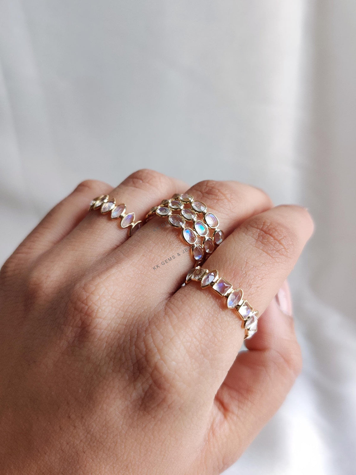 14K Solid Gold Natural Rainbow Moonstone Ring, Gemstone Stacking Ring