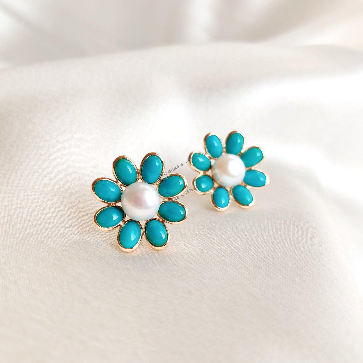 14K Solid Yellow Gold Natural Arizona Turquoise & Pearl Flower Earrings, Christmas Present