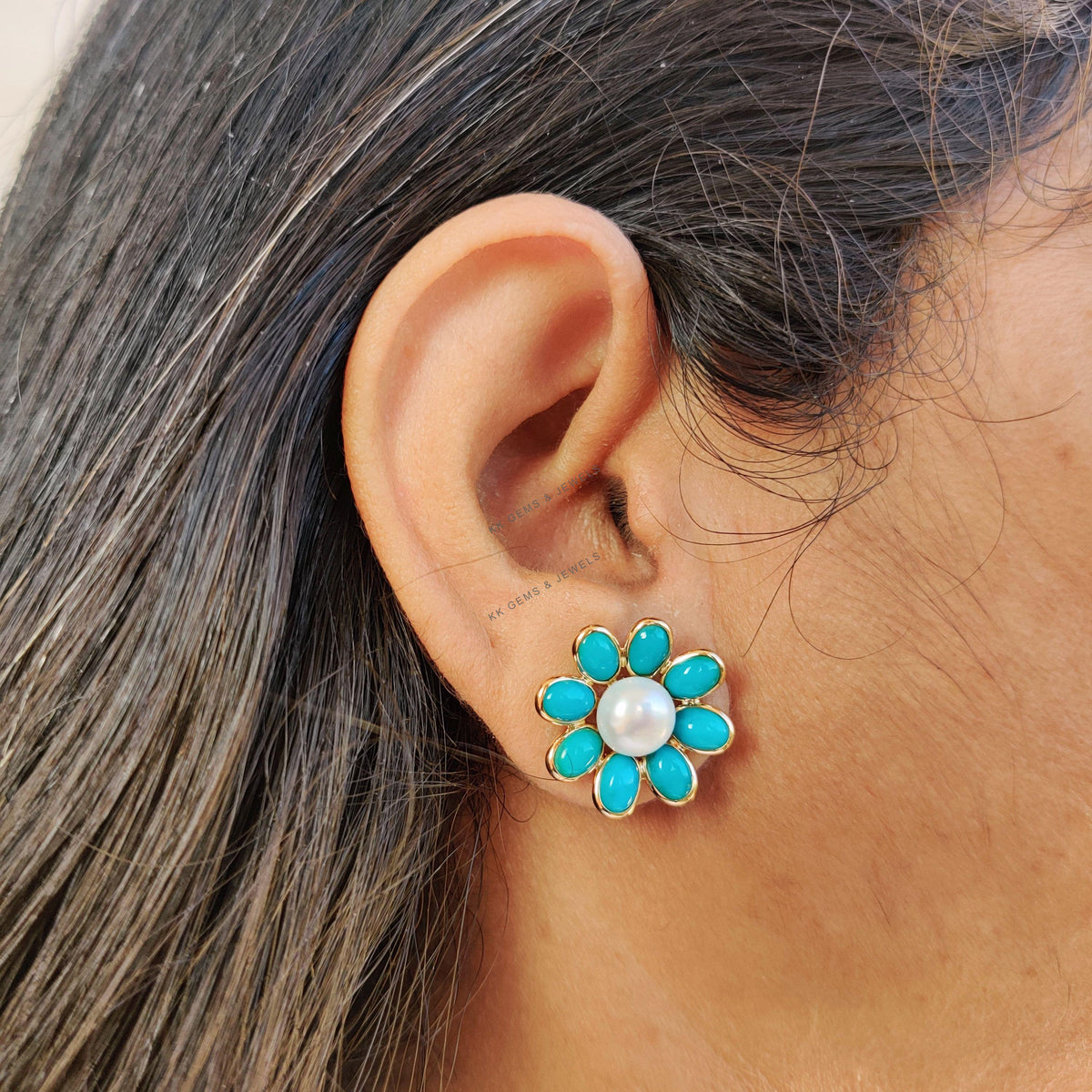 14K Solid Yellow Gold Natural Arizona Turquoise & Pearl Flower Earrings, Christmas Present