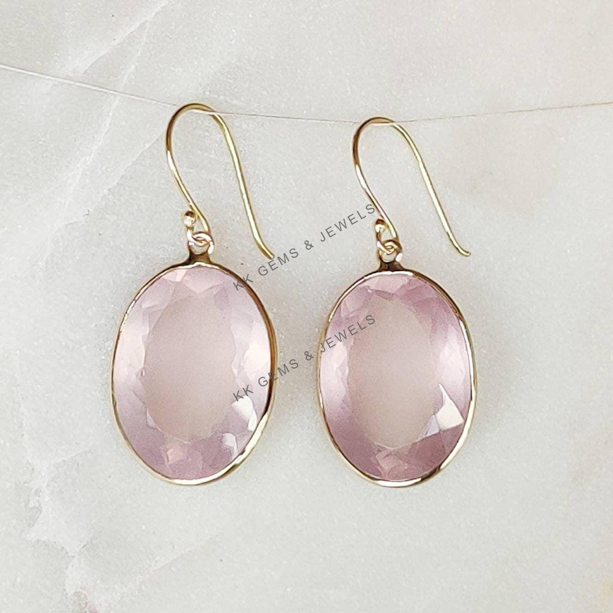 14K Solid Yellow Gold Natural Rose Quartz Drop Earrings - January Birthstone