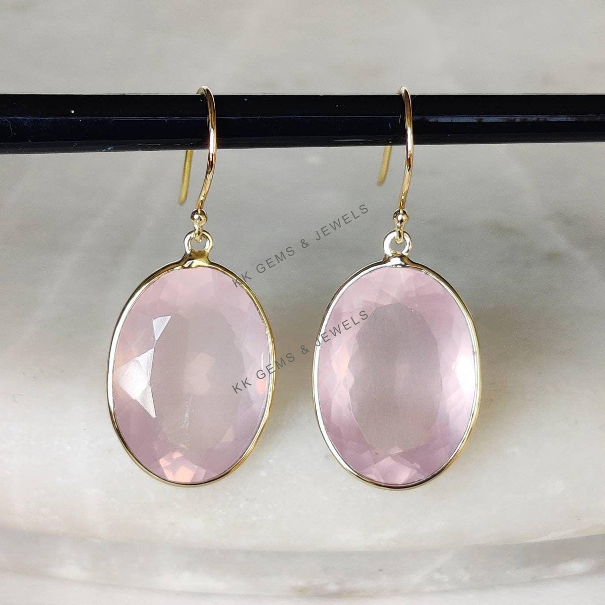 14K Solid Yellow Gold Natural Rose Quartz Drop Earrings - January Birthstone