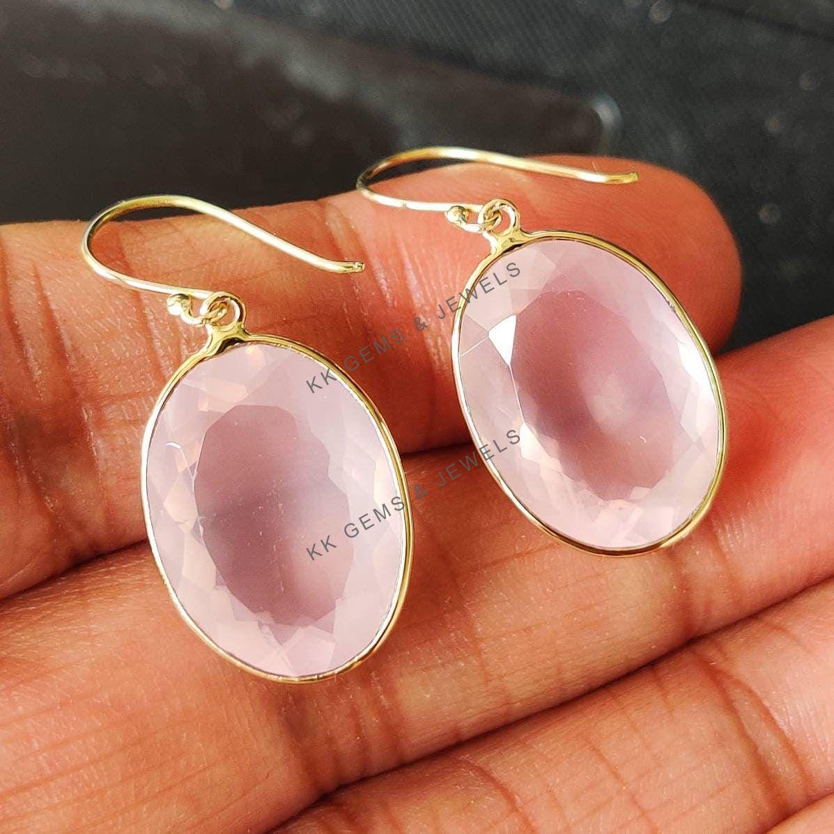 14K Solid Yellow Gold Natural Rose Quartz Drop Earrings - January Birthstone