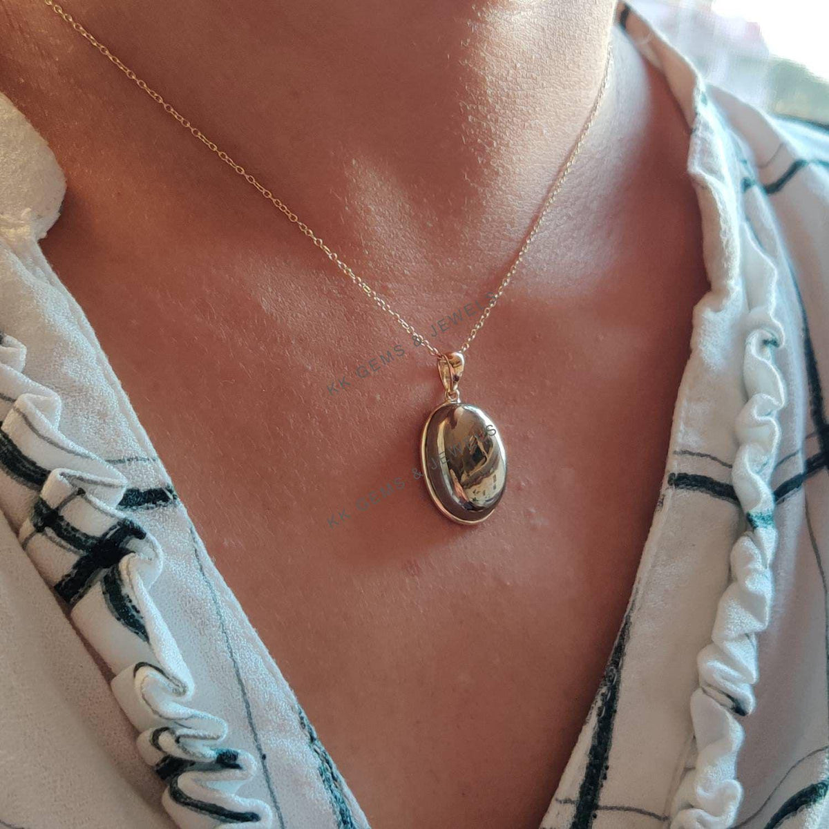 14K Solid Gold Oval Natural Pyrite Pendant, August Birthstone