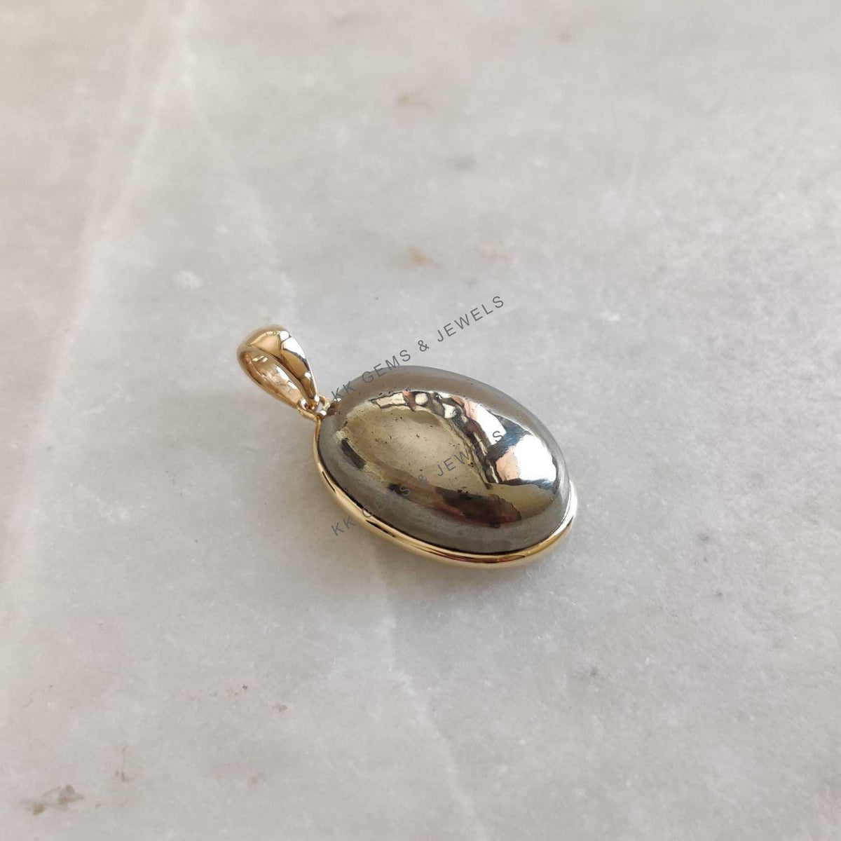 14K Solid Gold Oval Natural Pyrite Pendant, August Birthstone