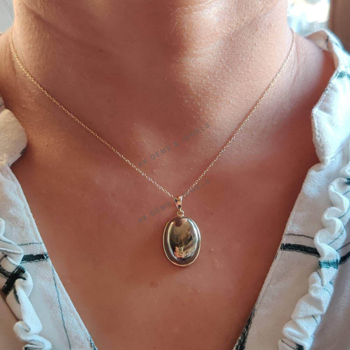 14K Solid Gold Oval Natural Pyrite Pendant, August Birthstone