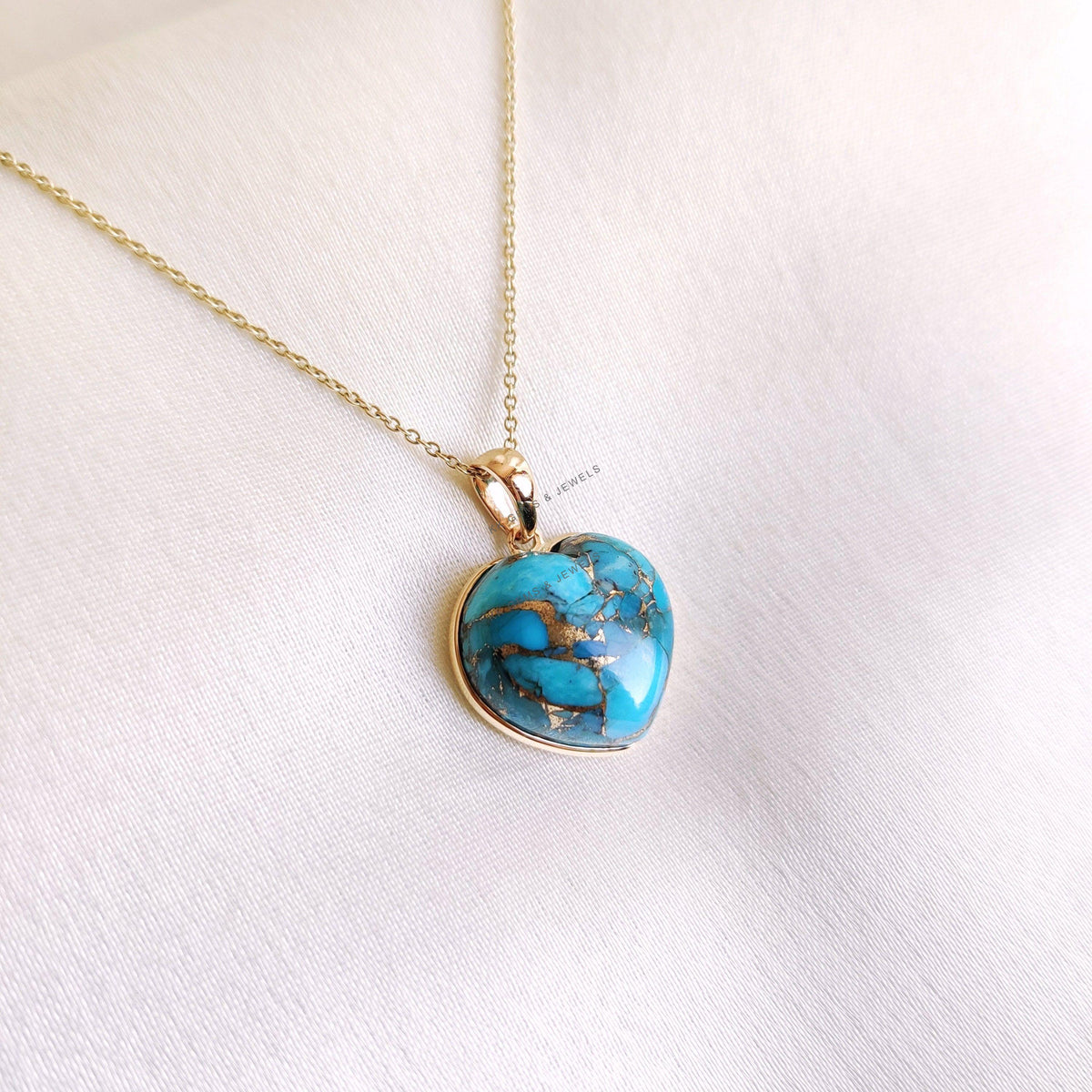 14K Solid Yellow Gold Natural Copper Turquoise Heart Pendant, December Birthstone