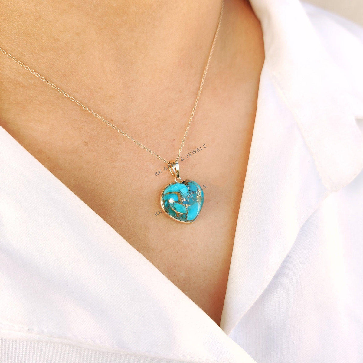 14K Solid Yellow Gold Natural Copper Turquoise Heart Pendant, December Birthstone