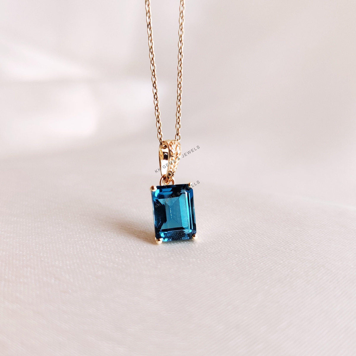 14K Solid Gold Natural London Blue Topaz Pendant - December Birthstone Jewelry
