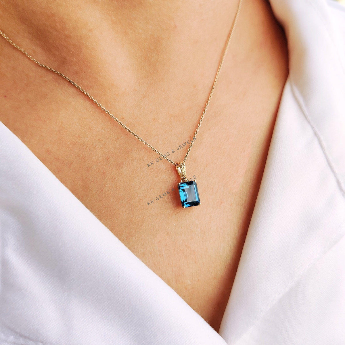 14K Solid Gold Natural London Blue Topaz Pendant - December Birthstone Jewelry