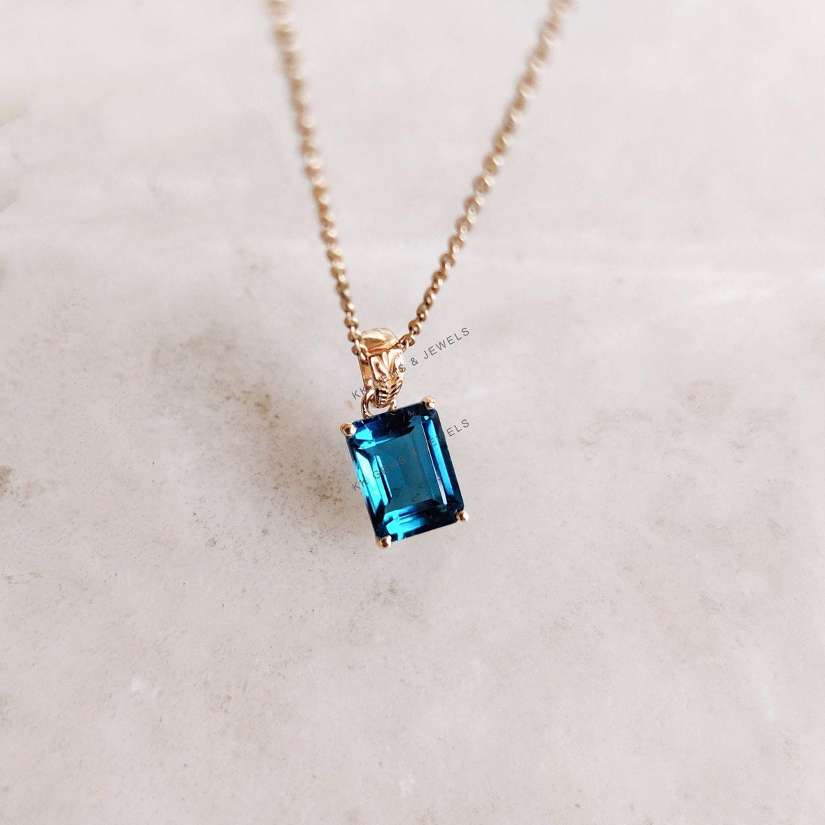 14K Solid Gold Natural London Blue Topaz Pendant - December Birthstone Jewelry