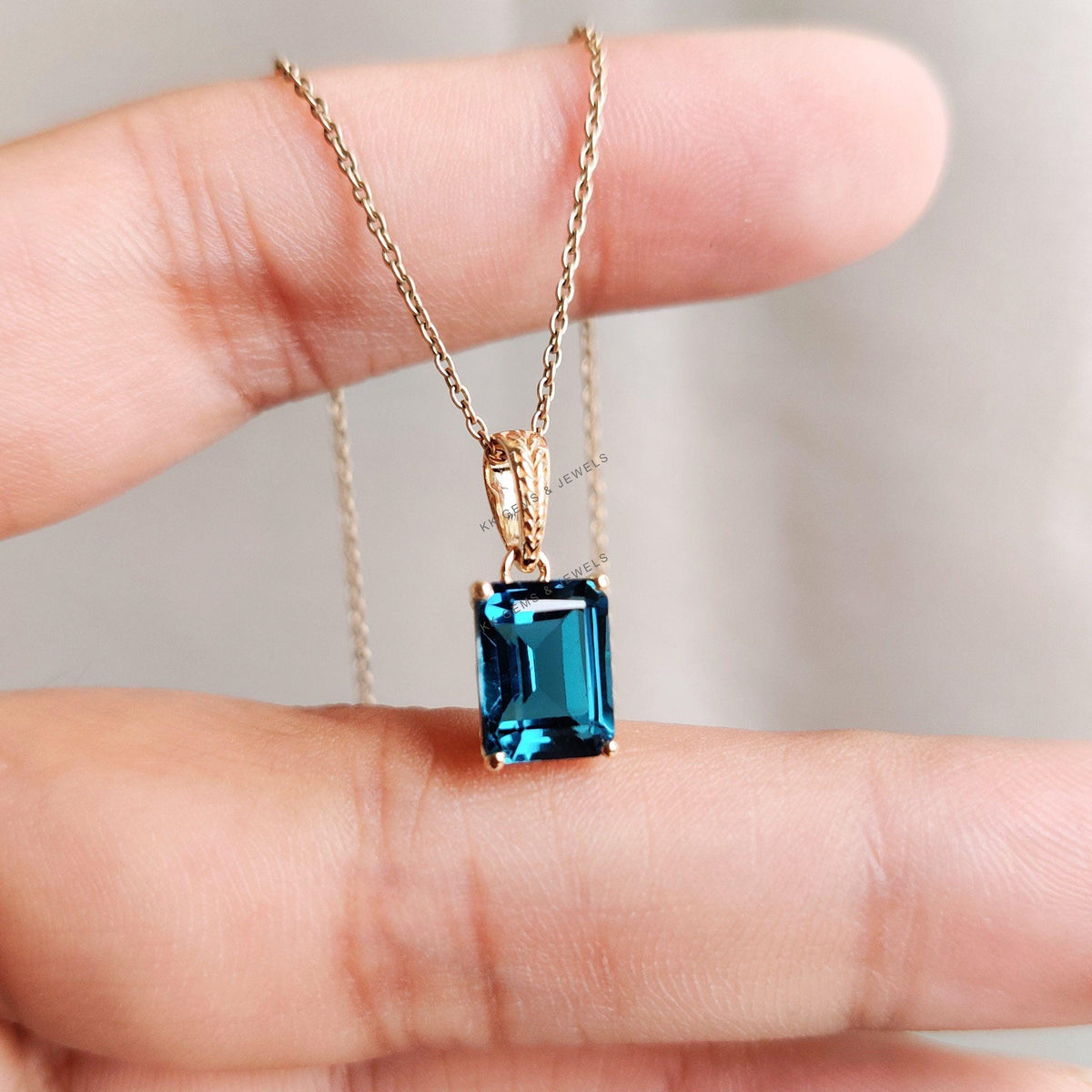 14K Solid Gold Natural London Blue Topaz Pendant - December Birthstone Jewelry