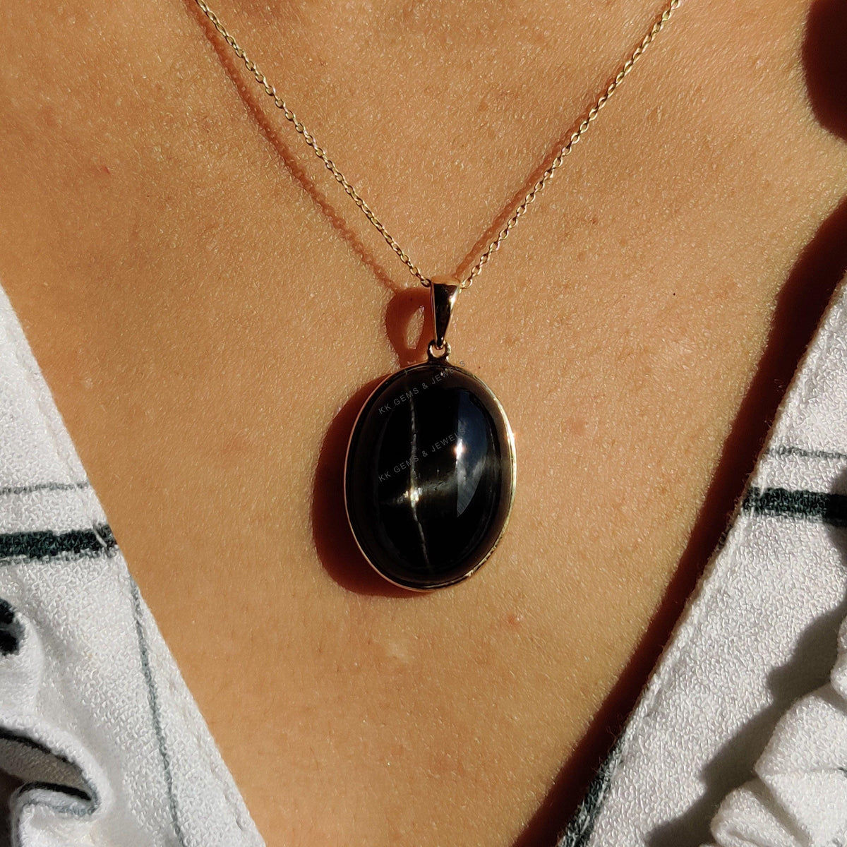 14K Solid Gold Natural Black Star Diopside Pendant, Oval Bezel, March Birthstone