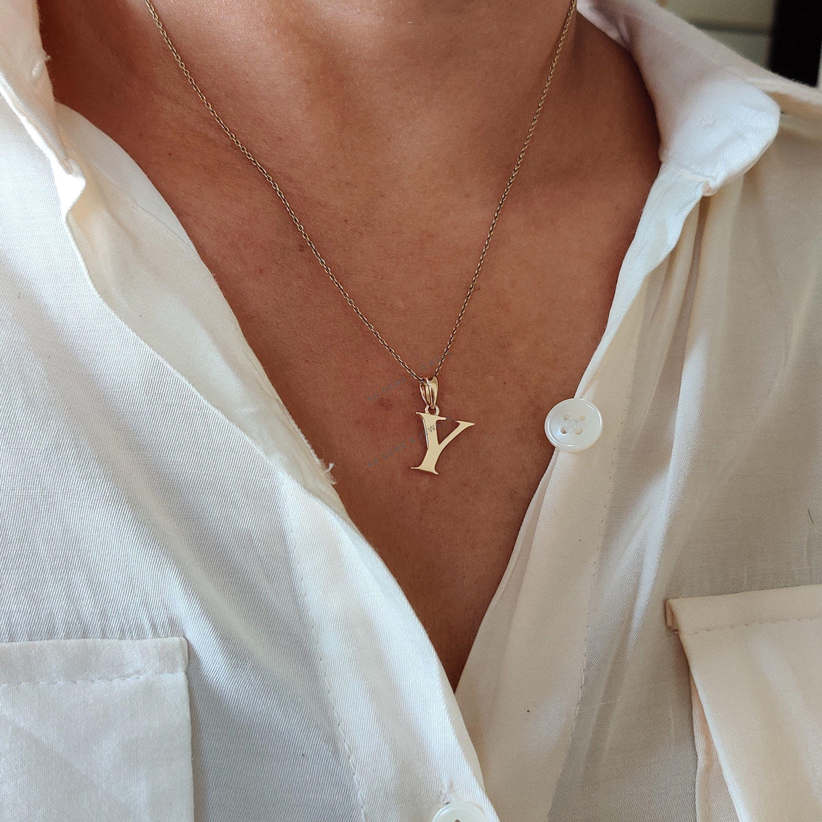 14K Solid Yellow Gold Initial Y Pendant, Alphabet Charm Pendant
