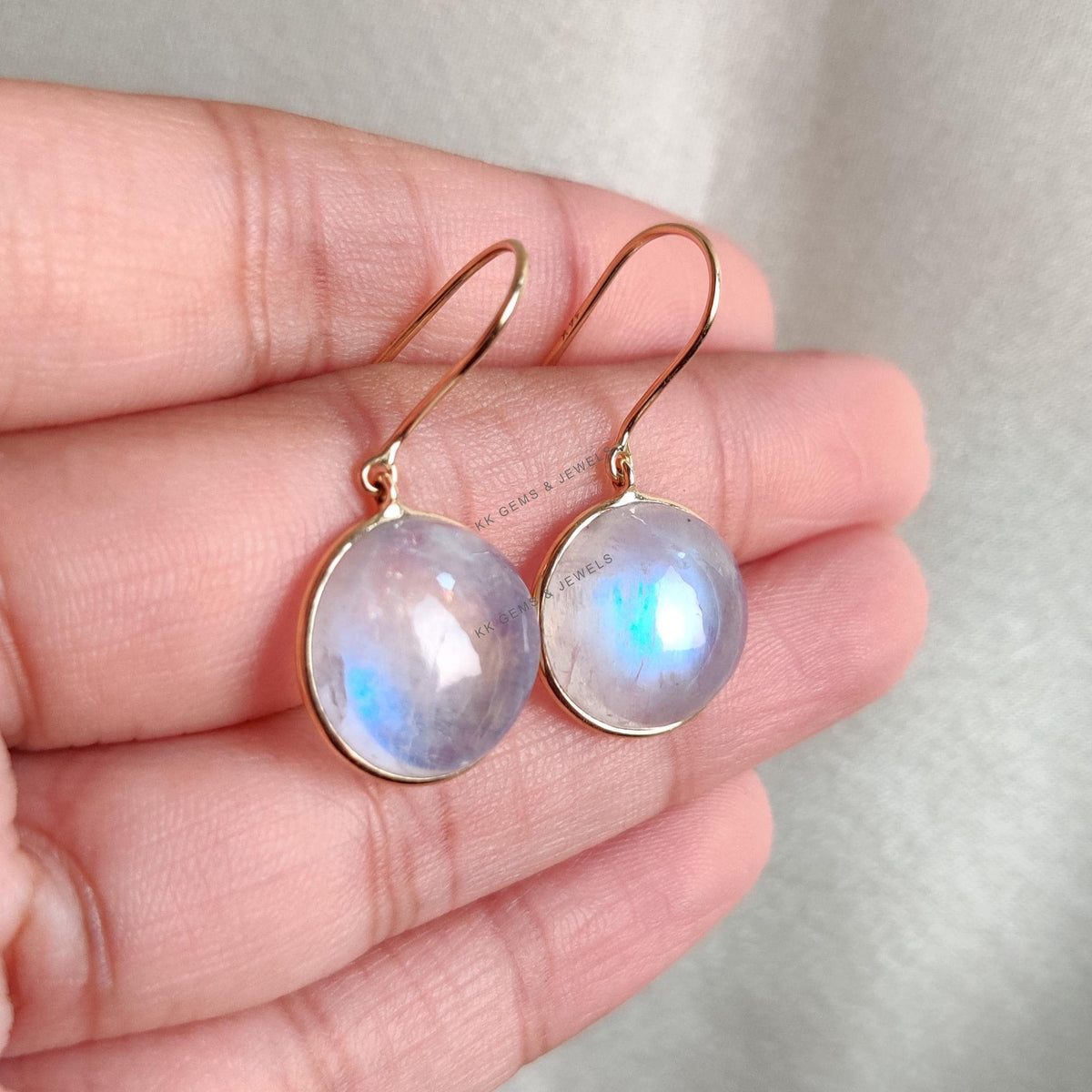 14K Solid Yellow Gold Natural Rainbow Moonstone Bezel Earrings, June Birthstone