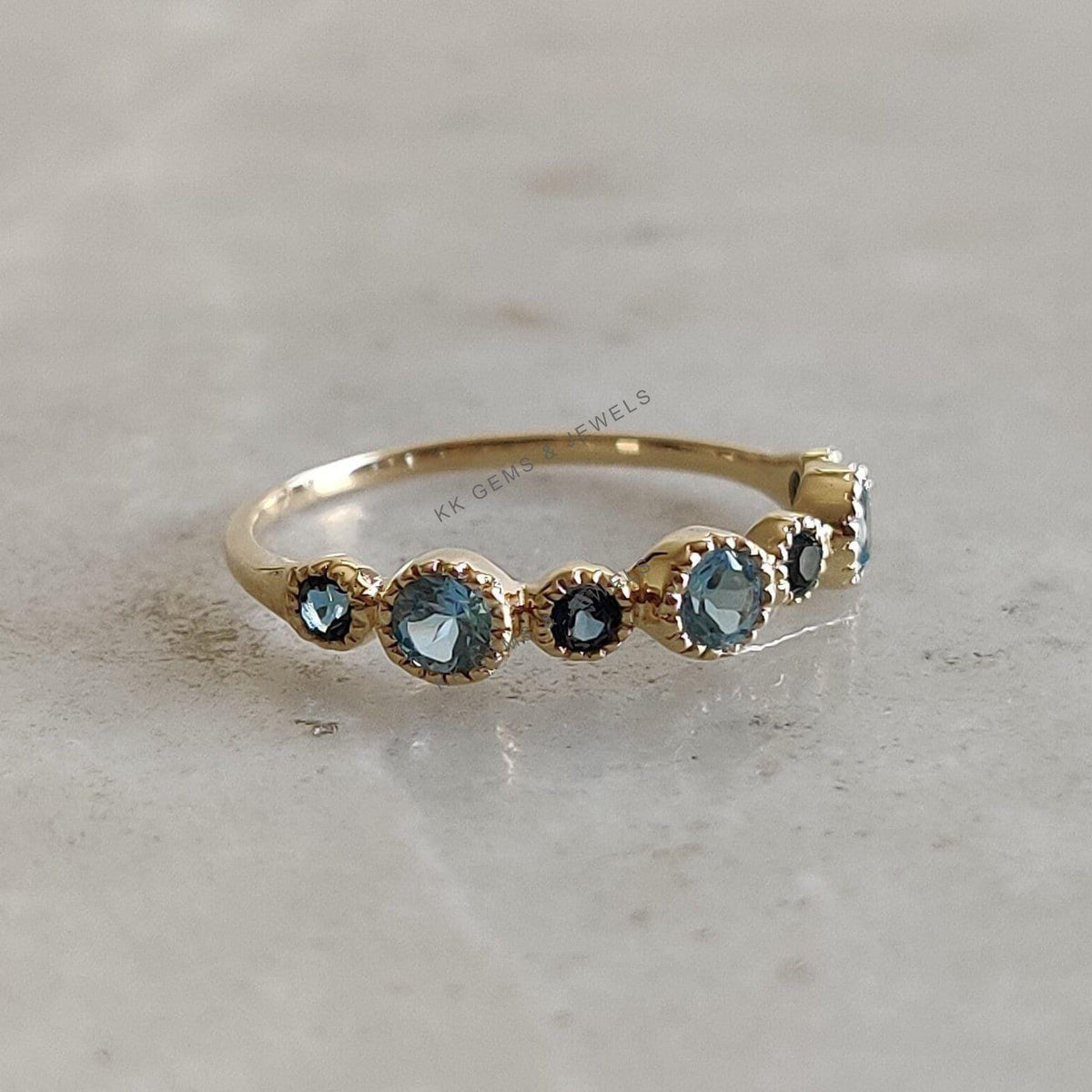 14K Solid Gold Natural Sky & London Blue Topaz Ring, December Birthstone
