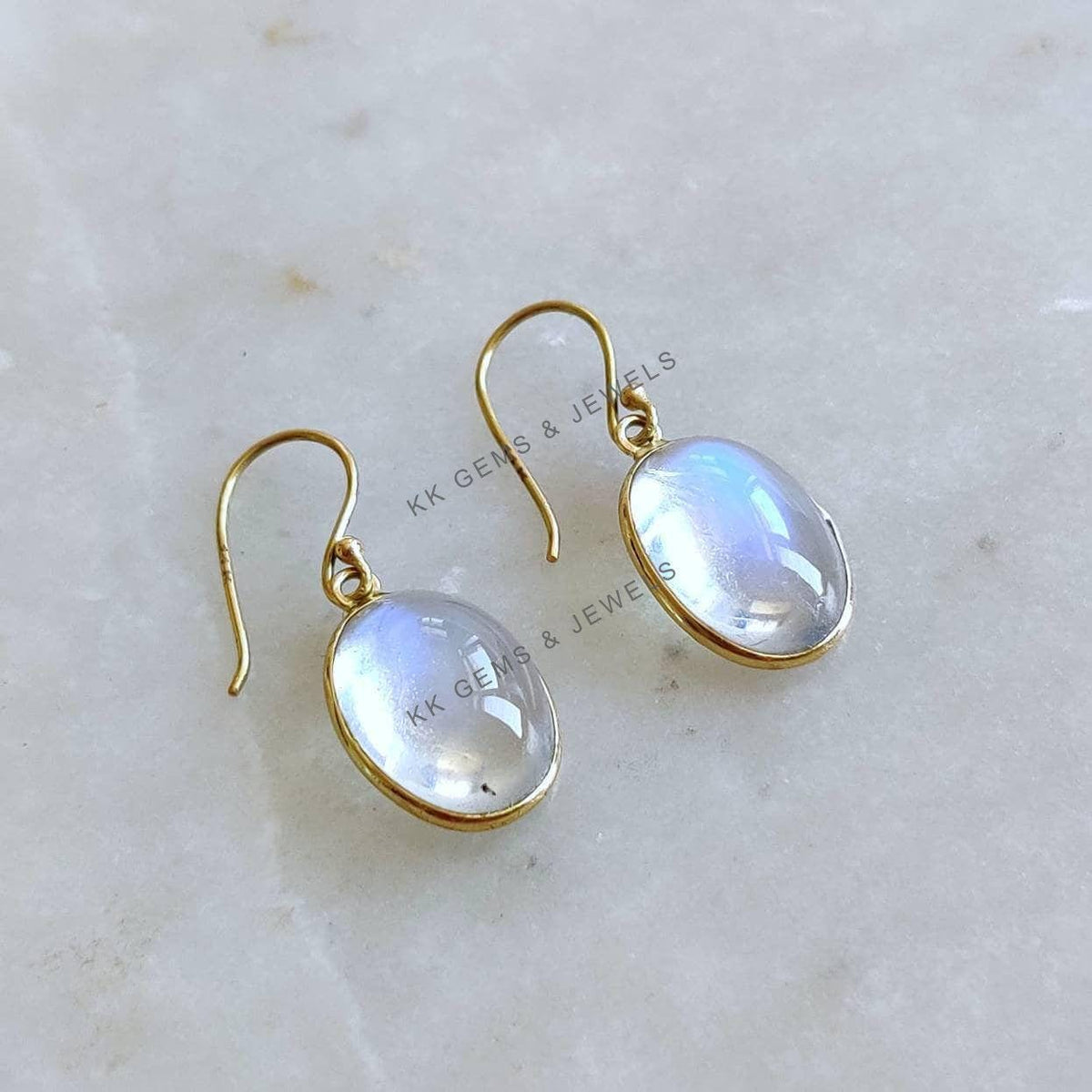 14K Solid Yellow Gold Natural Rainbow Moonstone Drop Earrings, June Birthstone
