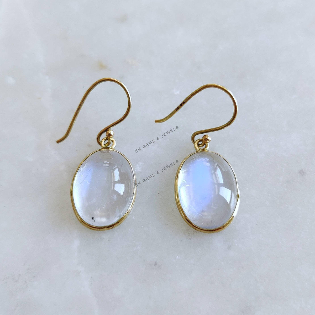 14K Solid Yellow Gold Natural Rainbow Moonstone Drop Earrings, June Birthstone