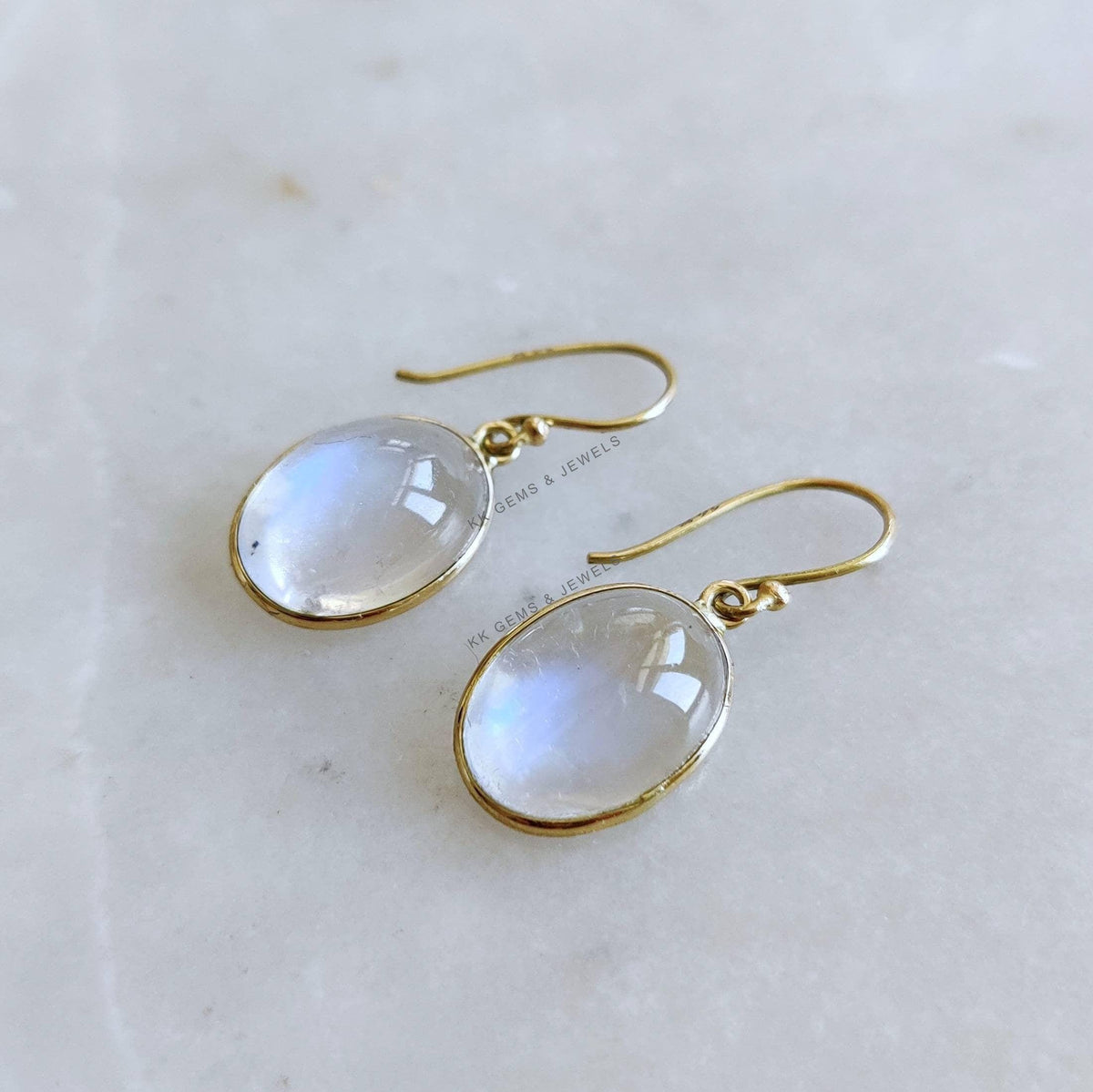 14K Solid Yellow Gold Natural Rainbow Moonstone Drop Earrings, June Birthstone