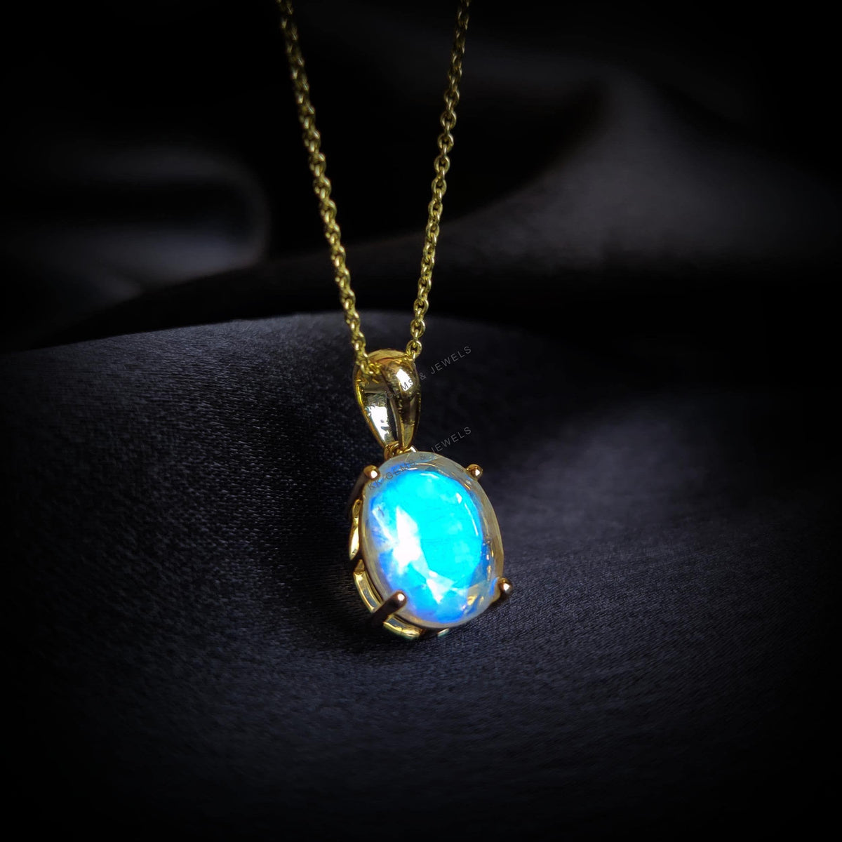 Natural Rainbow Moonstone Pendant, 14K Solid Yellow Gold, June Birthstone