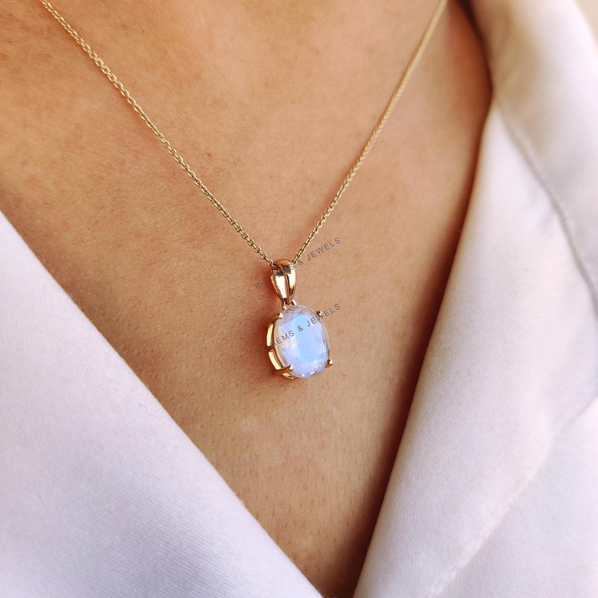 Natural Rainbow Moonstone Pendant, 14K Solid Yellow Gold, June Birthstone