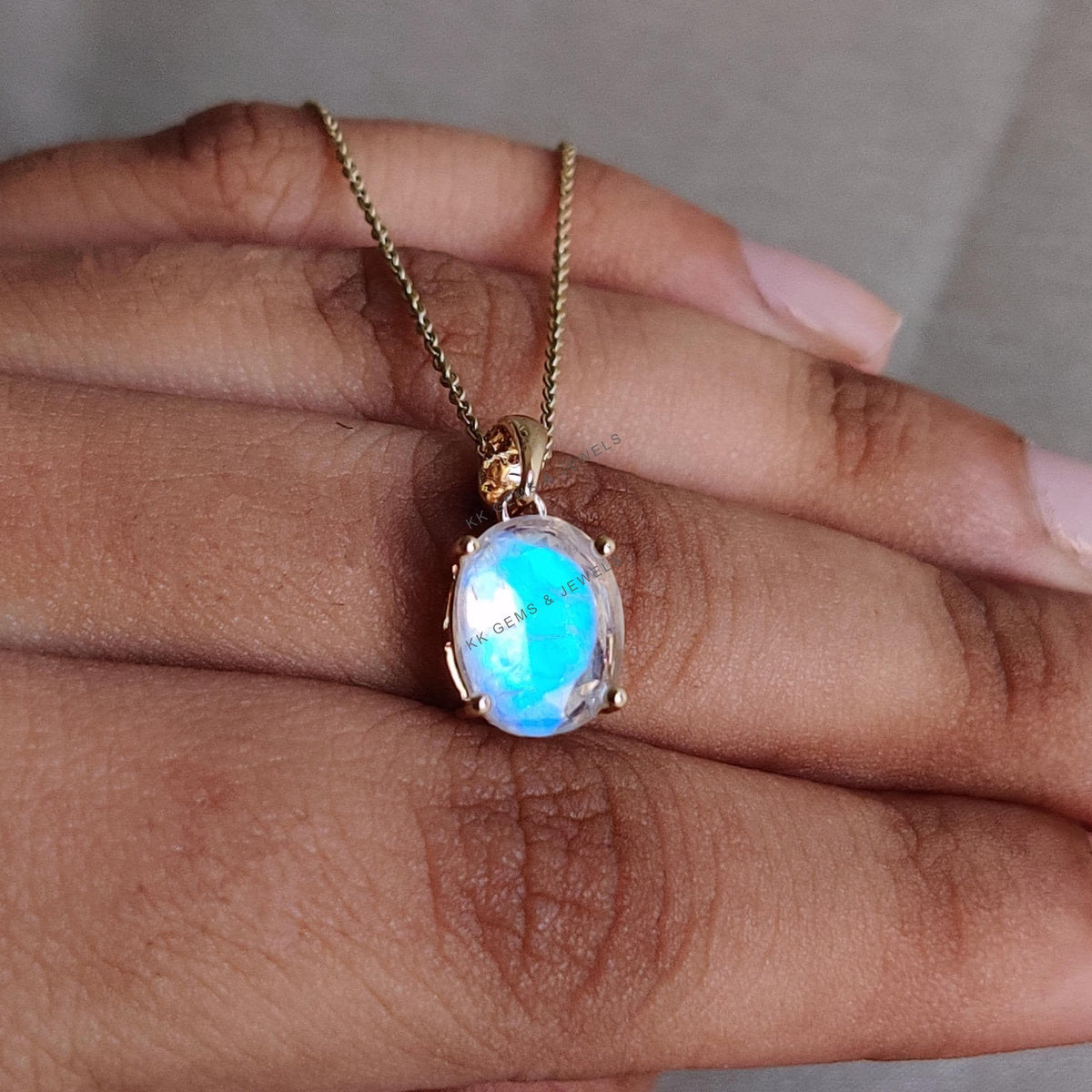 Natural Rainbow Moonstone Pendant, 14K Solid Yellow Gold, June Birthstone